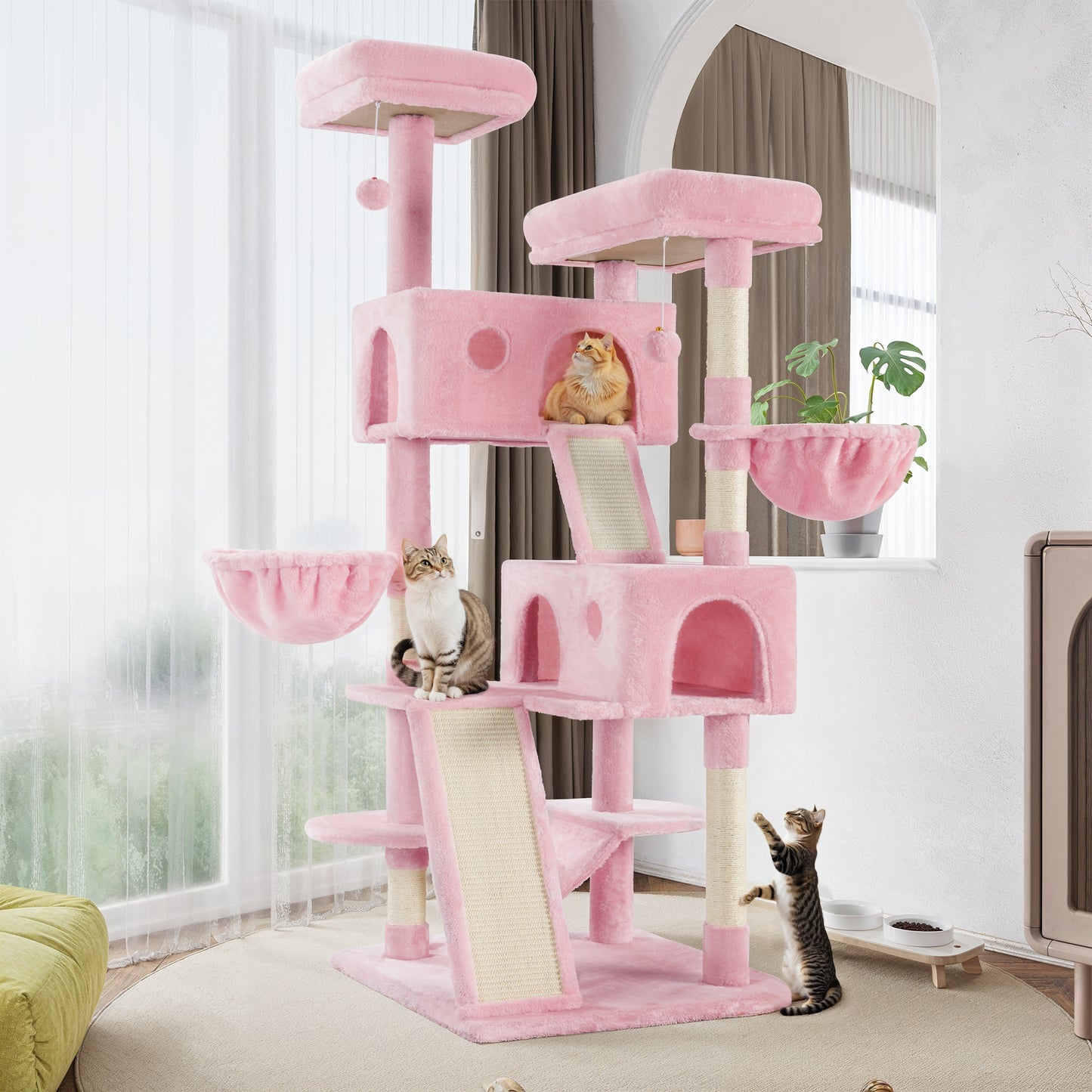 Amolife 65.7" Cat Tree Tower Condo for Large Cats with Hammock, Scratching Post & Basket
