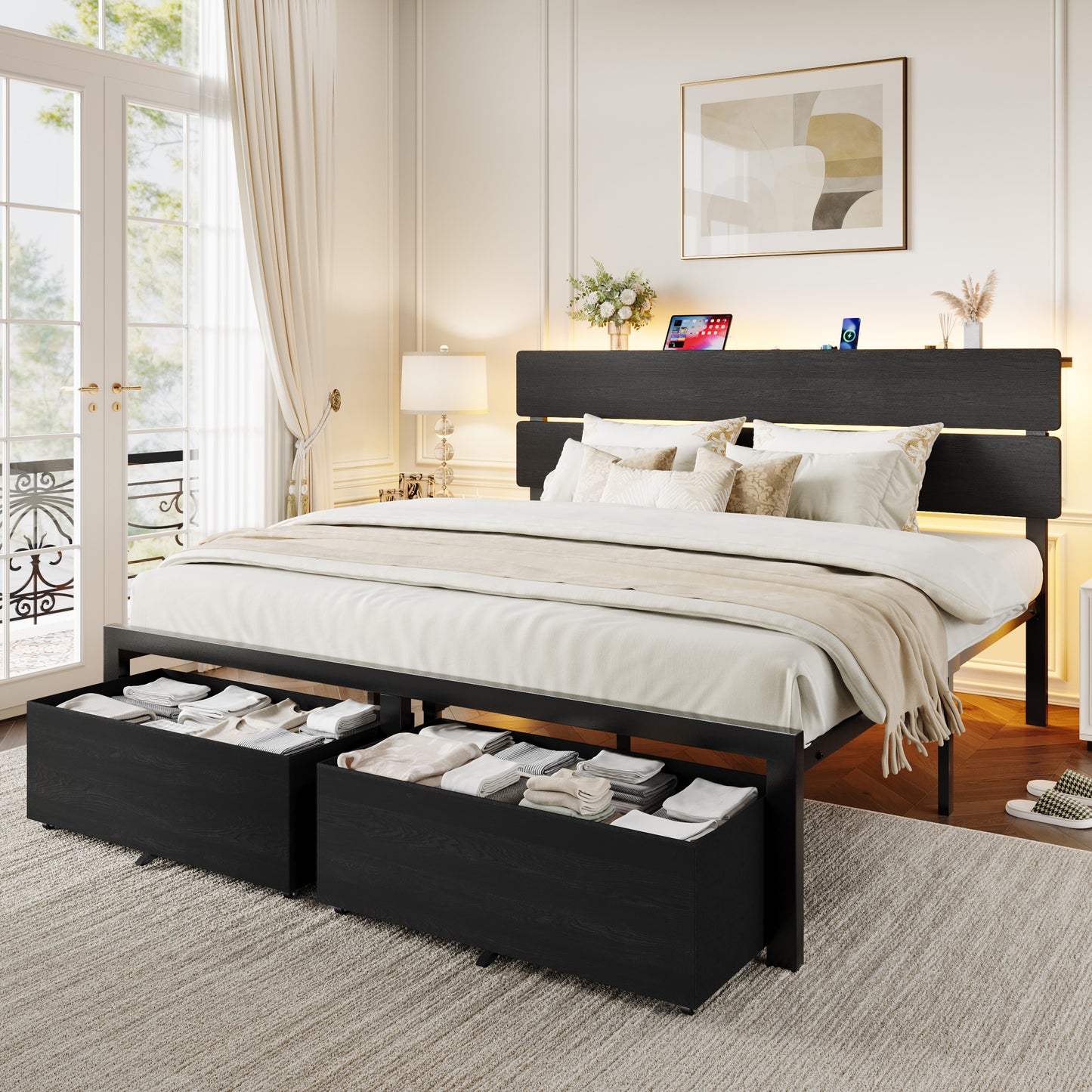 Amolife Bed Frame with 2 Large‑Capacity Drawers and LED Wooden Storage Headboard, Platform Metal Bed with Charging Station, No Box Spring Needed