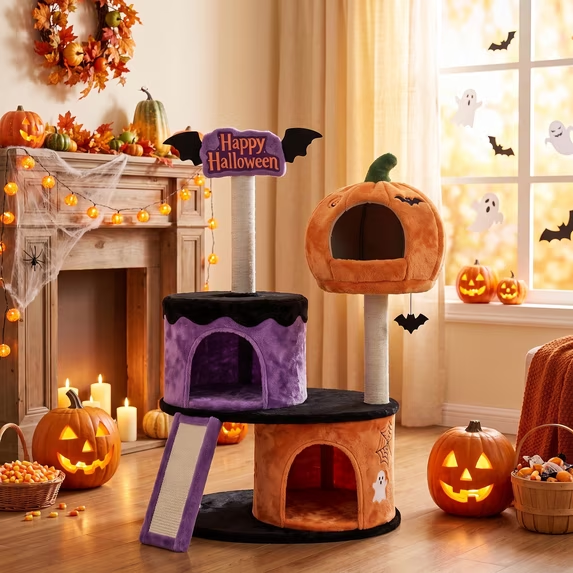 Amolife Gothic Cat Tree Tower for Indoor Cats, Multi-Level Pet Furniture with Hiding Condos, Plush Basket and Scratching Post, Halloween