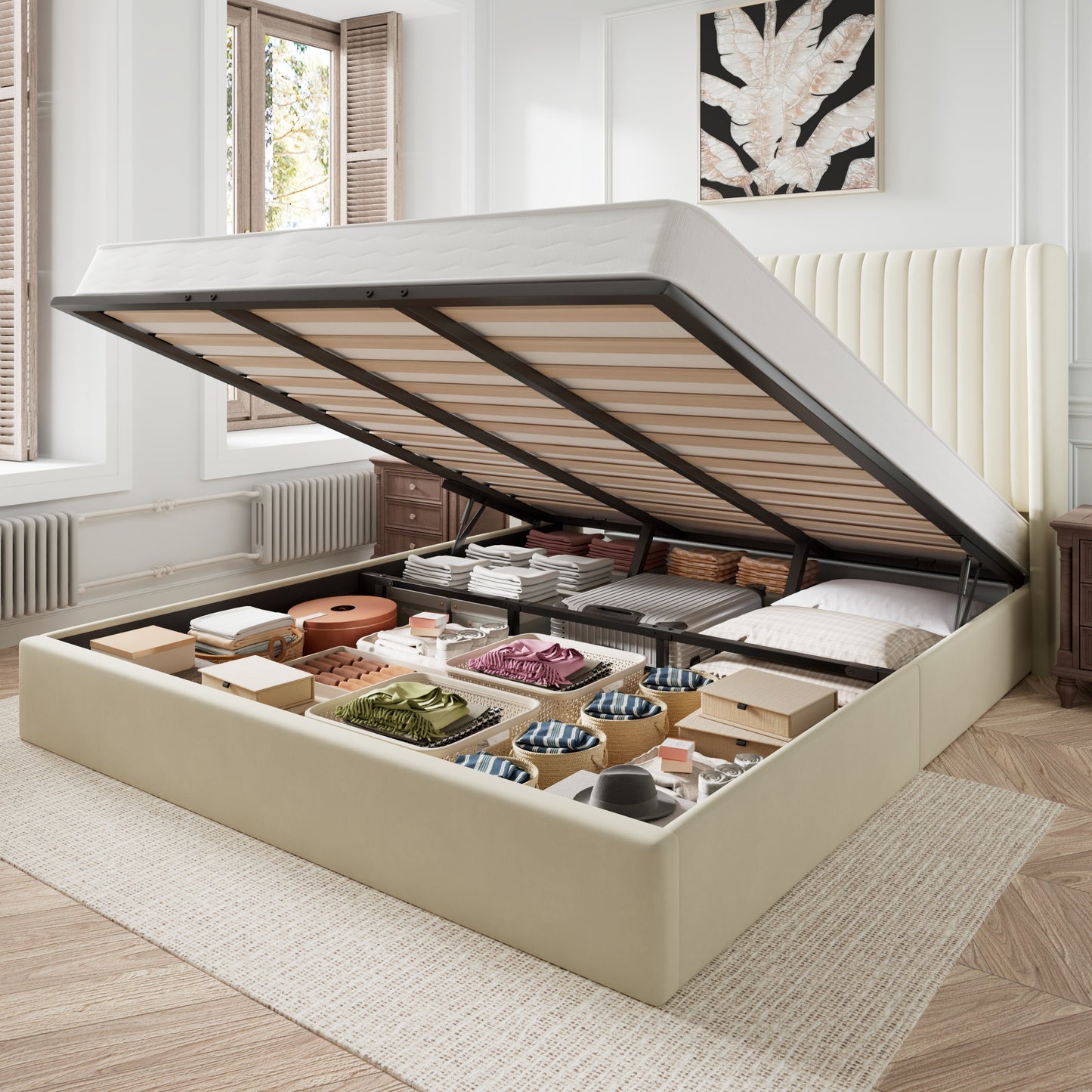 Amolife Lift Up Hydraulic Storage Bed Frame, Platform Bed with Upholstered Wingback Headboard with Vertical Channel Tufting