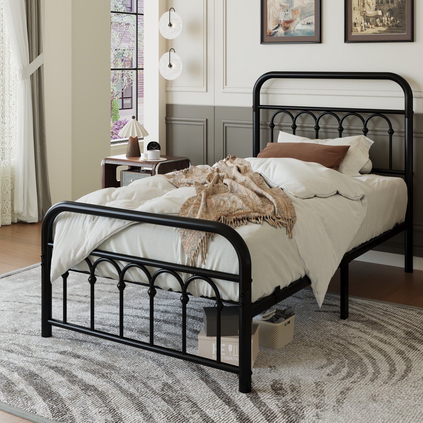 Amolife Elegant Metal Platform Bed with a Retro and Curved Iron-Art Headboard