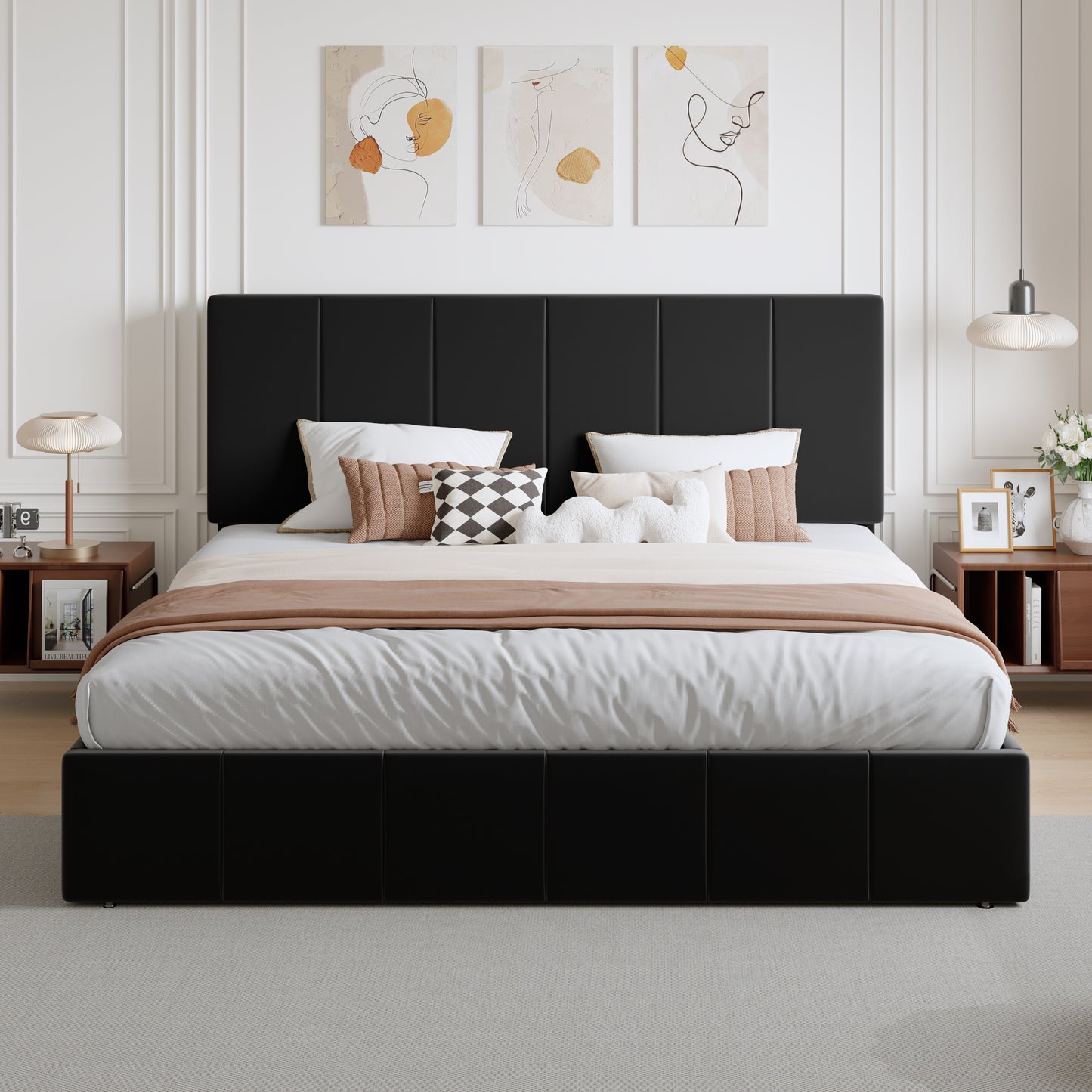 Amolife Dutch Velvet Upholstered Platform Bed Frame with a Vertical-Channel-Tufted, Adjustable Headboard