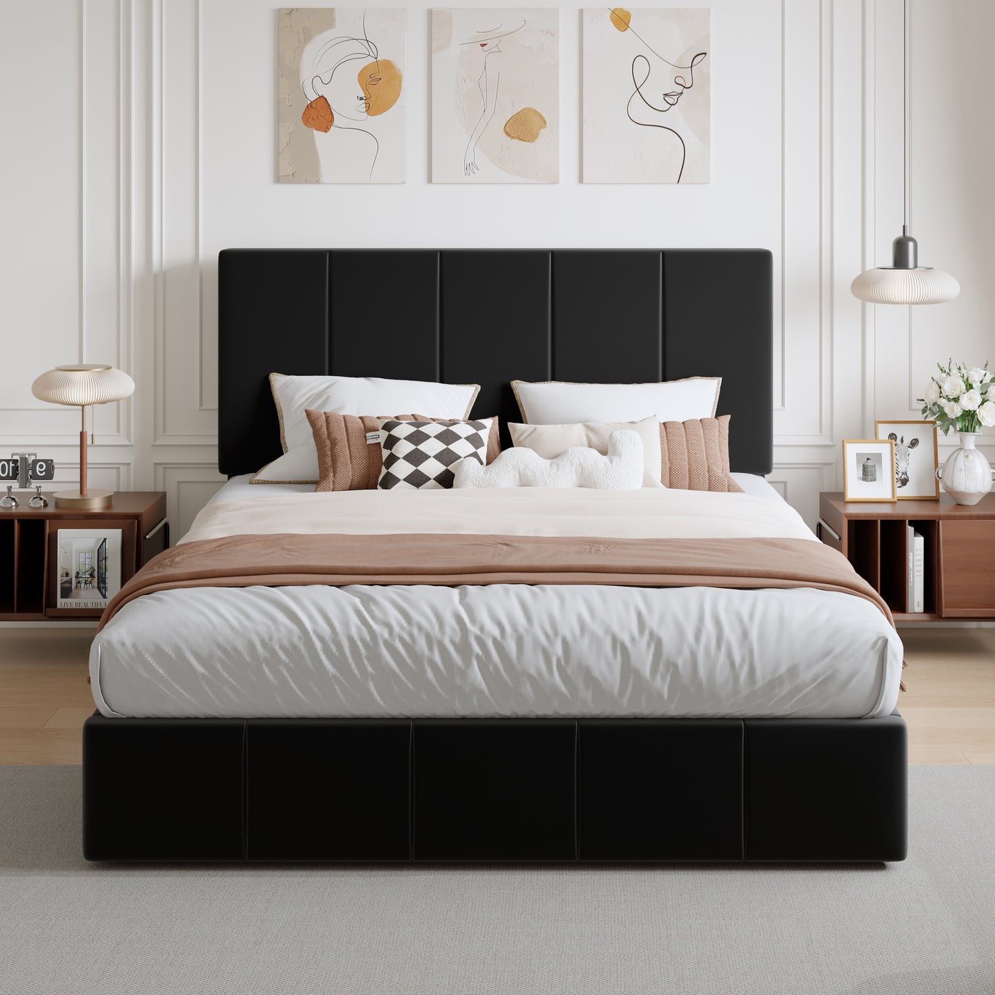 Amolife Dutch Velvet Upholstered Platform Bed Frame with a Vertical-Channel-Tufted, Adjustable Headboard