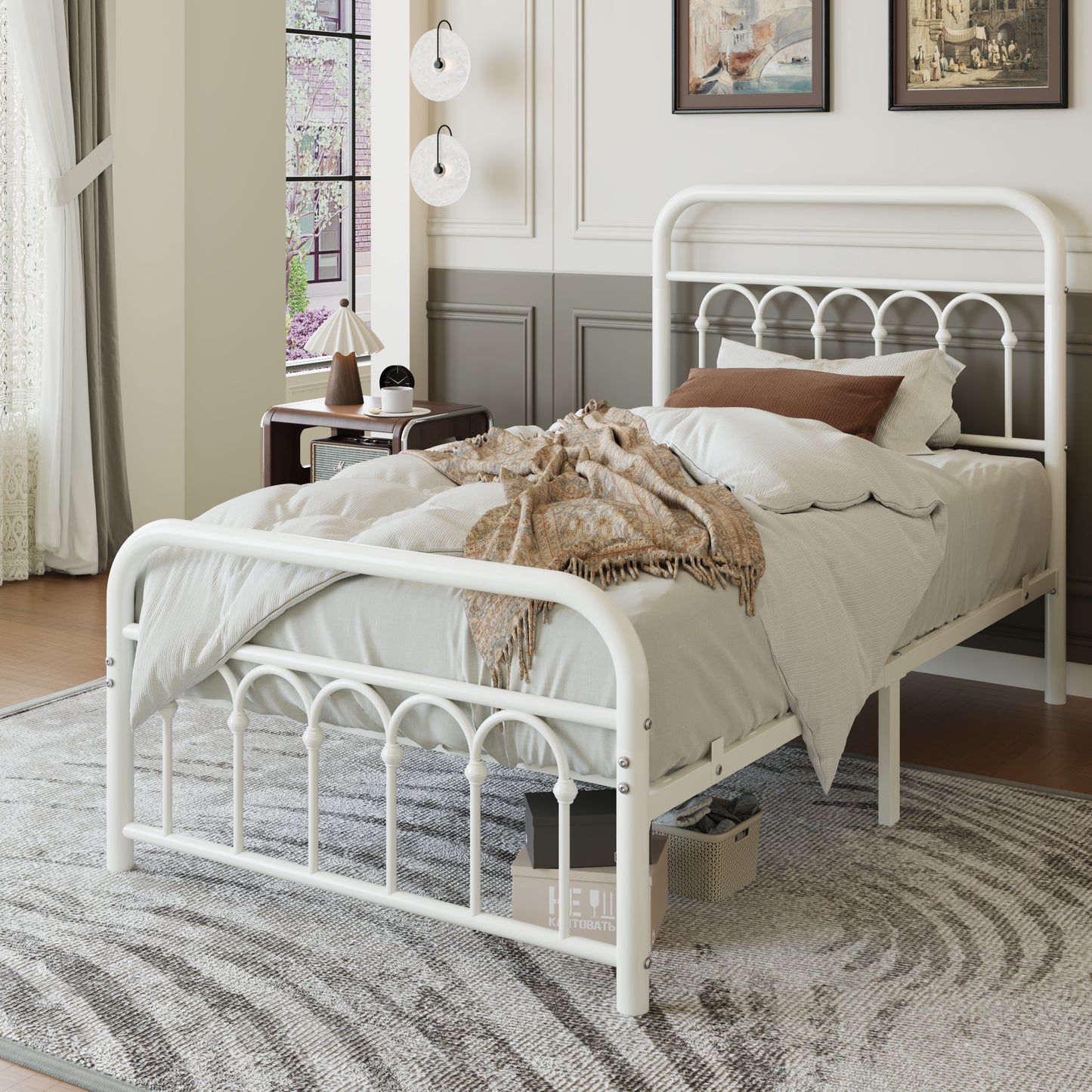 Amolife Elegant Metal Platform Bed with a Retro and Curved Iron-Art Headboard