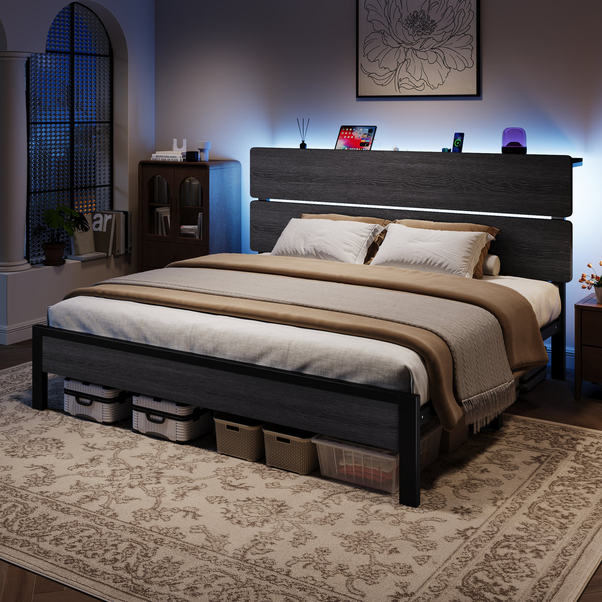 Amolife Bed Frame, Metal Platform Bed with Smart LED Light Wooden Storage Headboard, USB Ports & AC Sockets, Black Oak