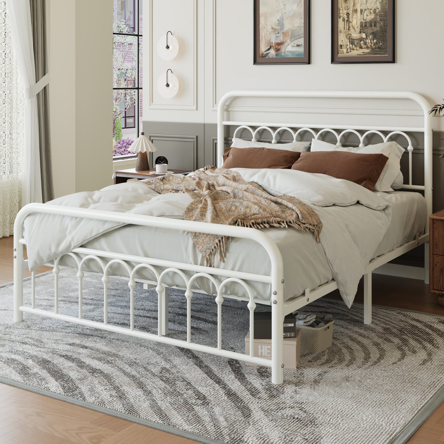Amolife Elegant Metal Platform Bed with a Retro and Curved Iron-Art Headboard