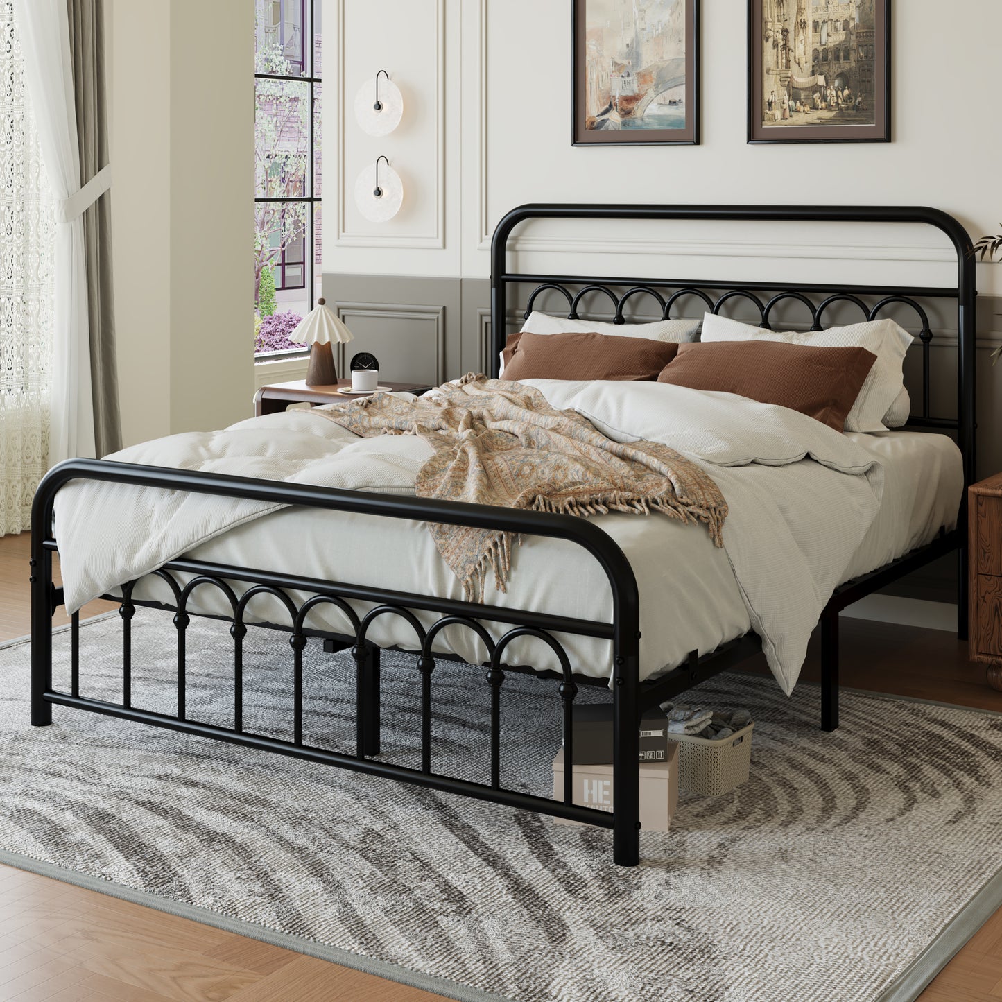 Amolife Elegant Metal Platform Bed with a Retro and Curved Iron-Art Headboard