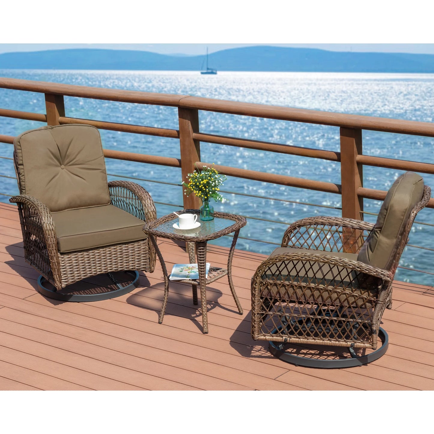Amolife 3 Pieces Wicker Patio Furniture Set, Bistro Set with Outdoor Swivel Rocking Chair and Coffee Table