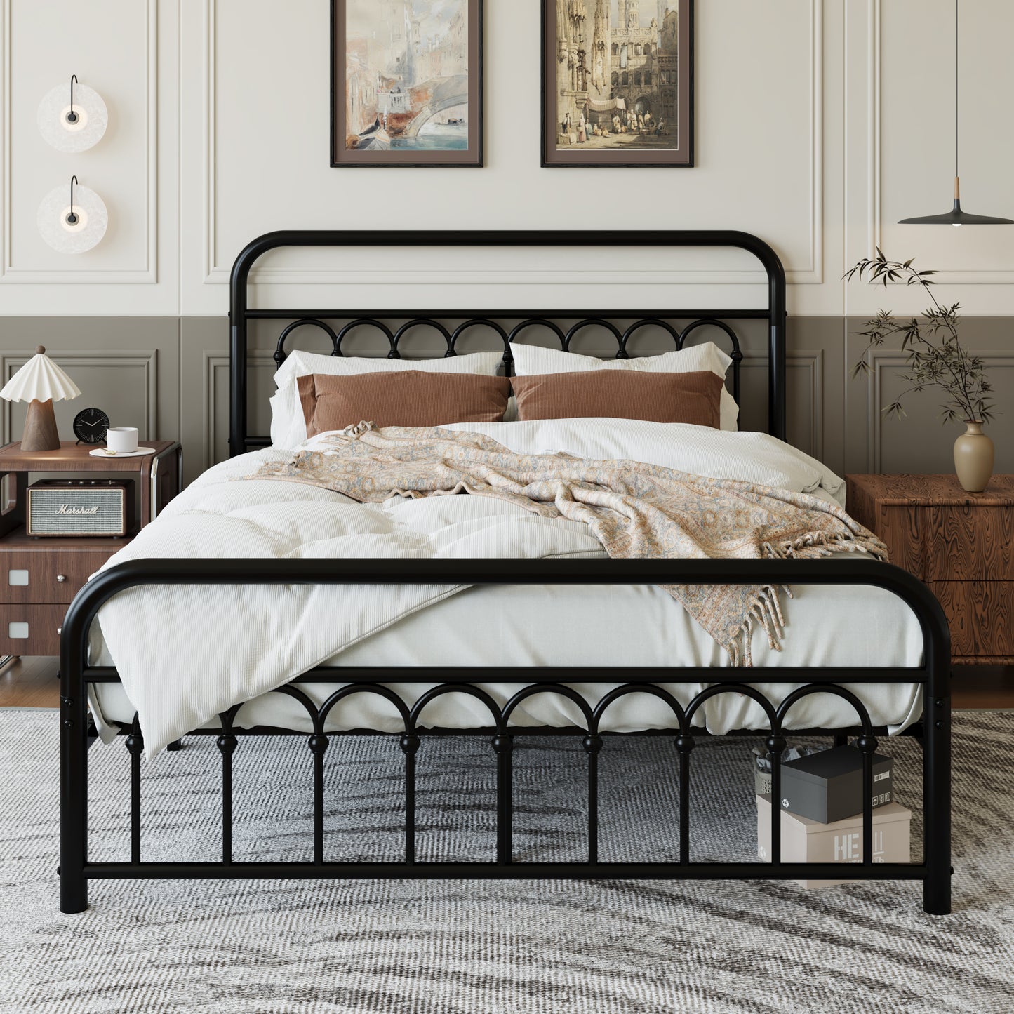 Amolife Elegant Metal Platform Bed with a Retro and Curved Iron-Art Headboard