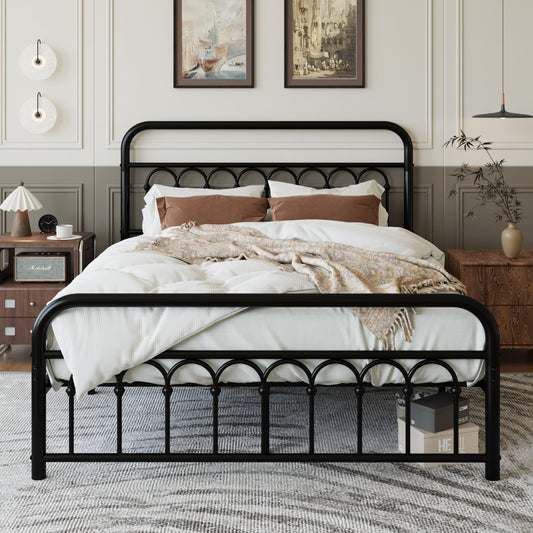 Amolife Elegant Metal Platform Bed with a Retro and Curved Iron-Art Headboard
