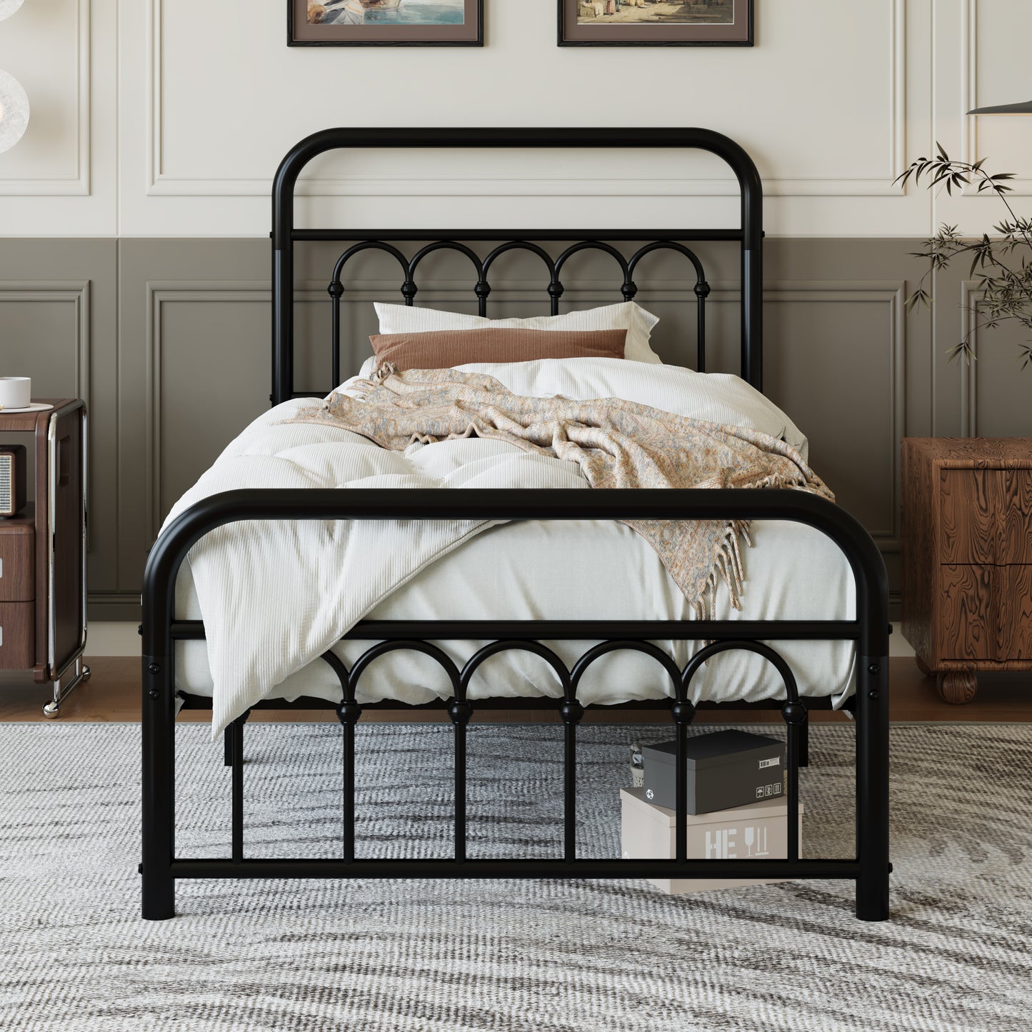 Amolife Elegant Metal Platform Bed with a Retro and Curved Iron-Art Headboard