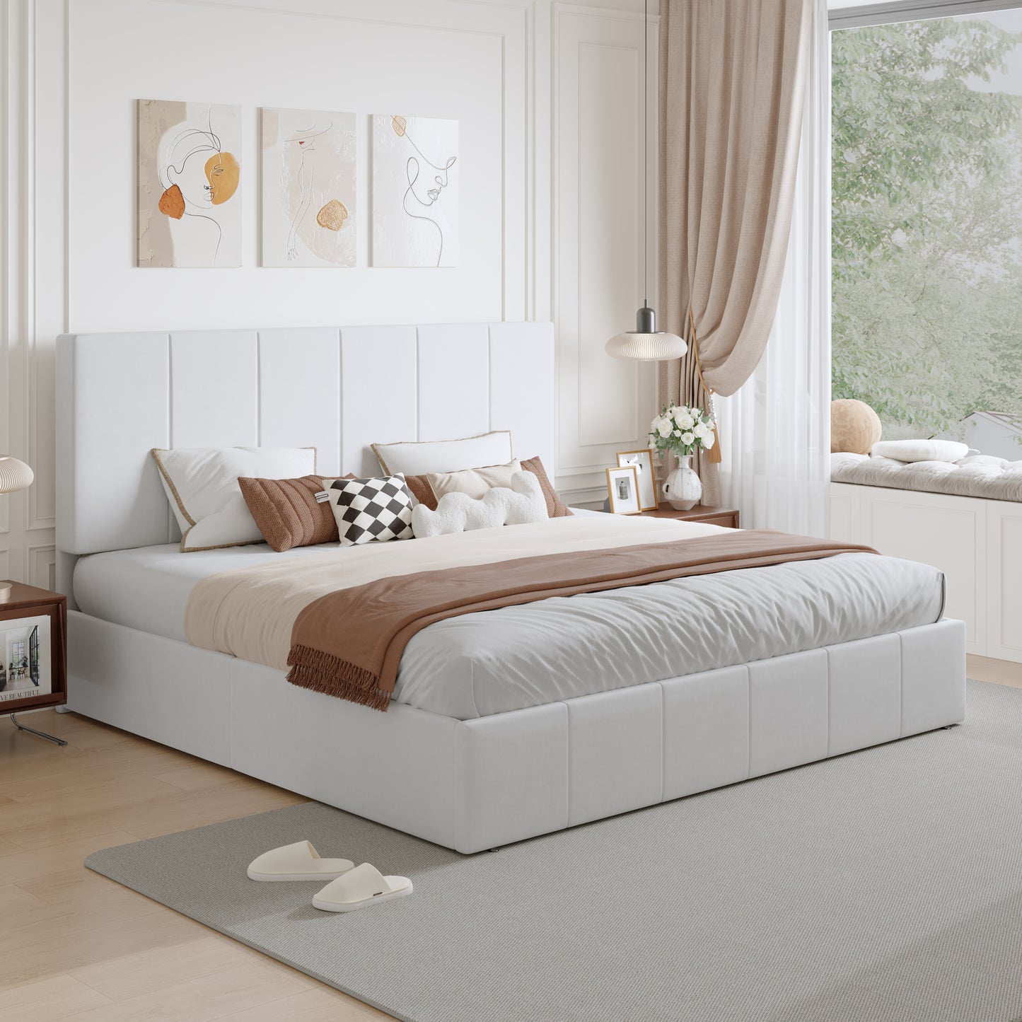 Amolife Dutch Velvet Upholstered Platform Bed Frame with a Vertical-Channel-Tufted, Adjustable Headboard