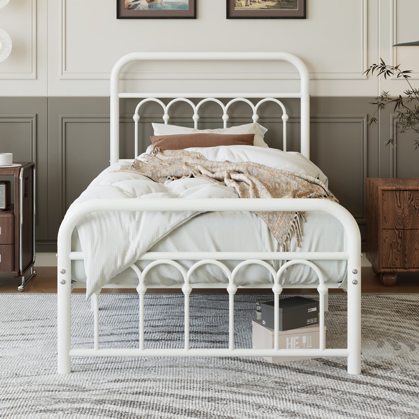 Amolife Elegant Metal Platform Bed with a Retro and Curved Iron-Art Headboard