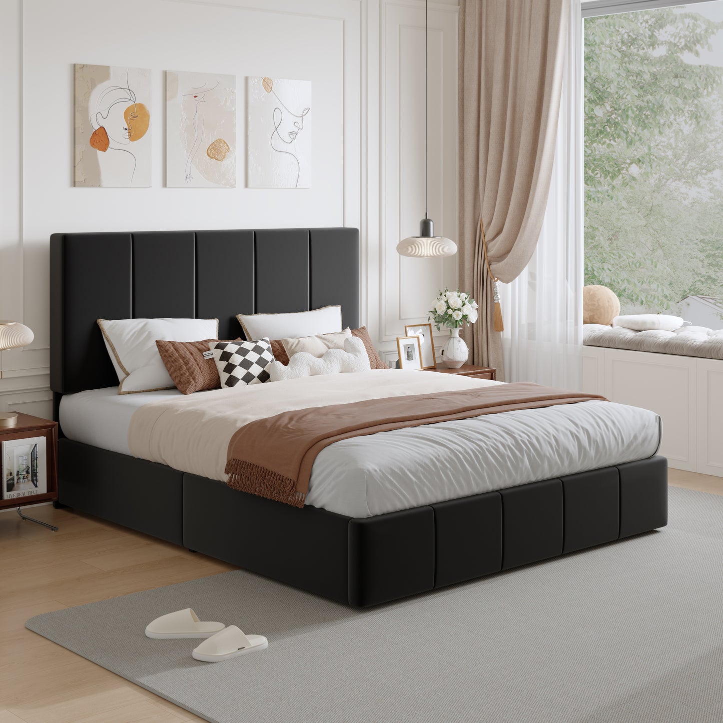 Amolife Dutch Velvet Upholstered Platform Bed Frame with a Vertical-Channel-Tufted, Adjustable Headboard