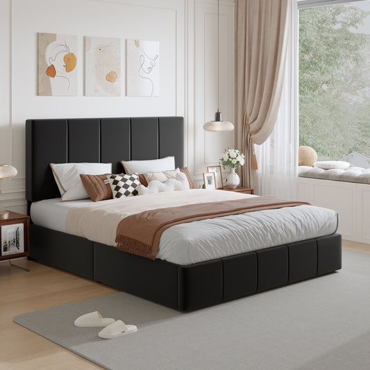 Amolife Dutch Velvet Upholstered Platform Bed Frame with a Vertical-Channel-Tufted, Adjustable Headboard
