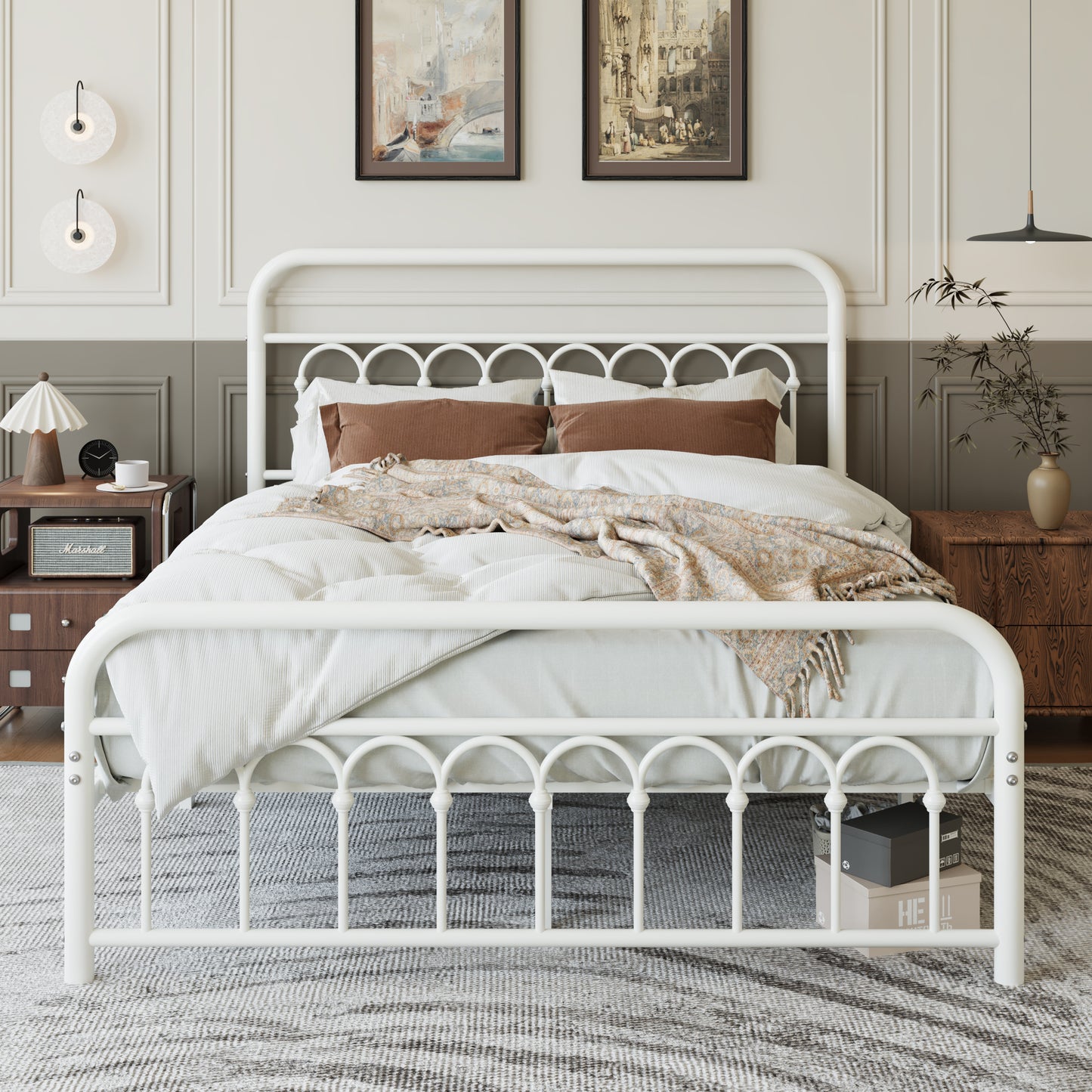 Amolife Elegant Metal Platform Bed with a Retro and Curved Iron-Art Headboard