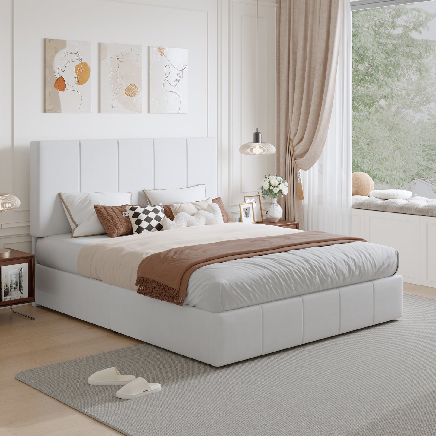 Amolife Dutch Velvet Upholstered Platform Bed Frame with a Vertical-Channel-Tufted, Adjustable Headboard