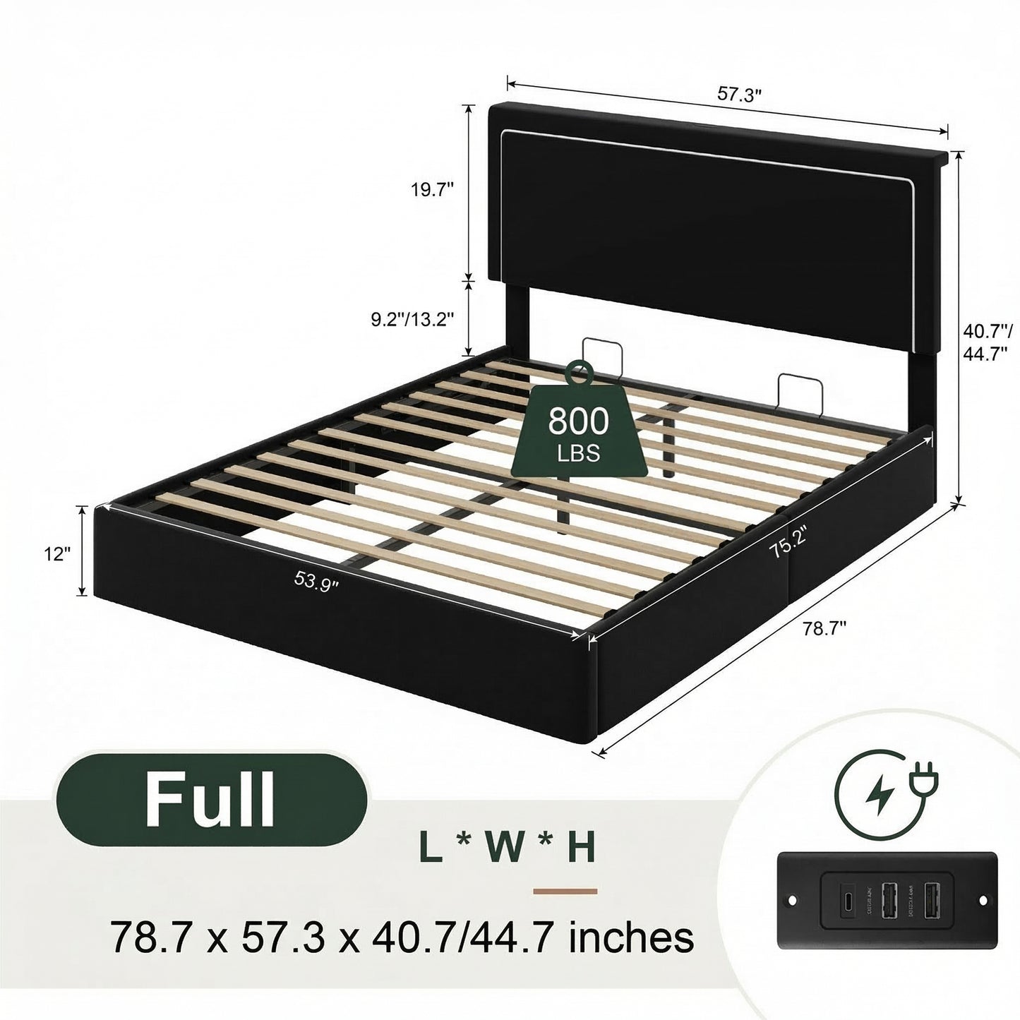Amolife Lift Up Hydraulic Storage Bed Frame, Platform Bed with Velvet LED Light and Built-in Charging Station Headboard