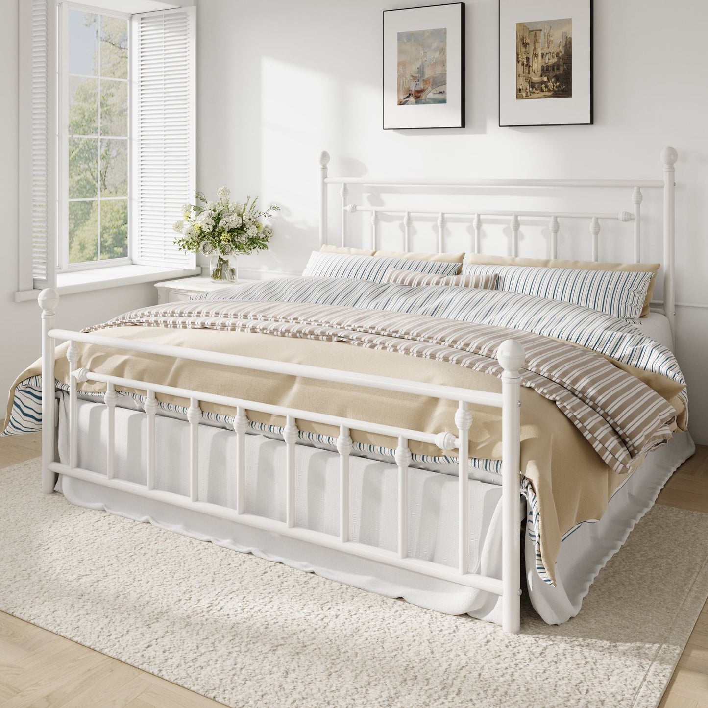 Amolife Metal Platform Bed Frame with Vintage Pattern Headboard