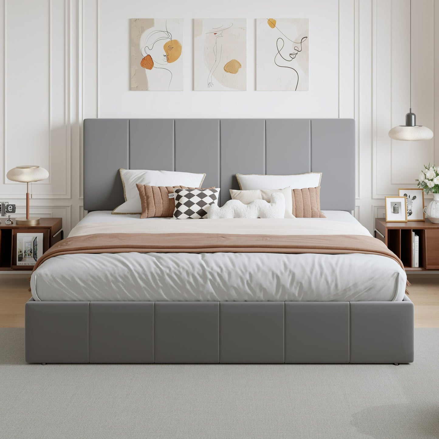 Amolife Dutch Velvet Upholstered Platform Bed Frame with a Vertical-Channel-Tufted, Adjustable Headboard