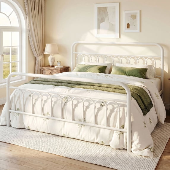 Amolife Elegant Metal Platform Bed with a Retro and Curved Iron-Art Headboard