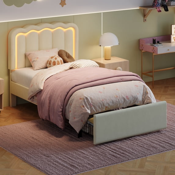 Amolife LED Bed Frame with Drawer, Velvet Upholstered Platform Bed Frame with Adjustable Wavy Headboard