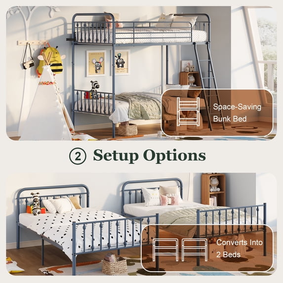 Amolife Twin over Twin Size Metal Bunk Bed with Removable Ladder, Used as Bunk Bed or Two Twin Beds, Full-Length Guardrail