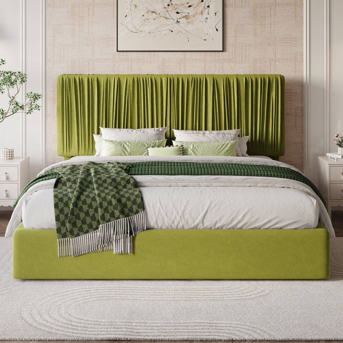 Amolife Bed Frame with Artisanal Pleated Adjustable Headboard, No Box Spring Required