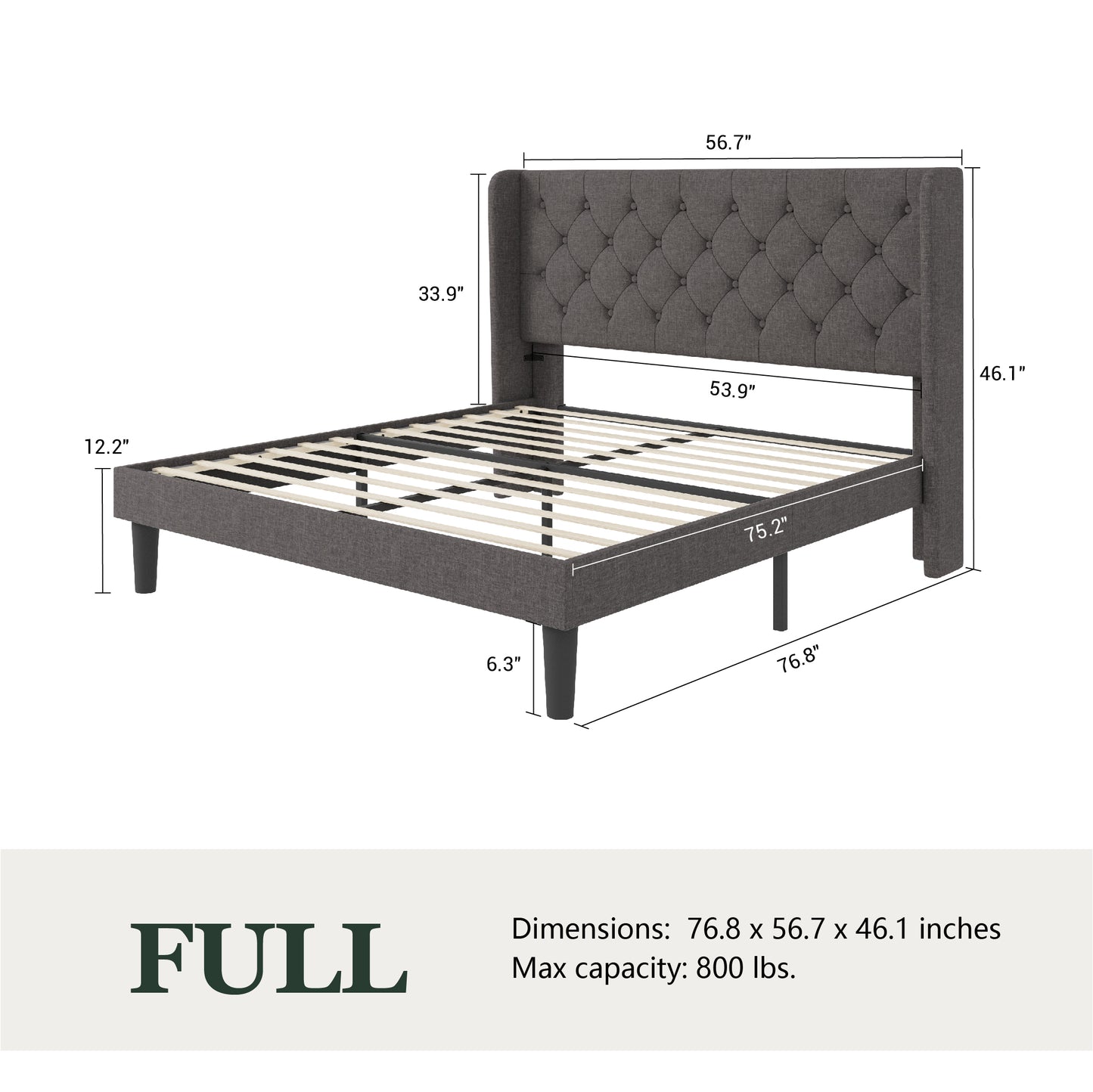 Queen Size Diamond Upholstered Platform Bed Frame with Deluxe Wing Back, Drak Gray