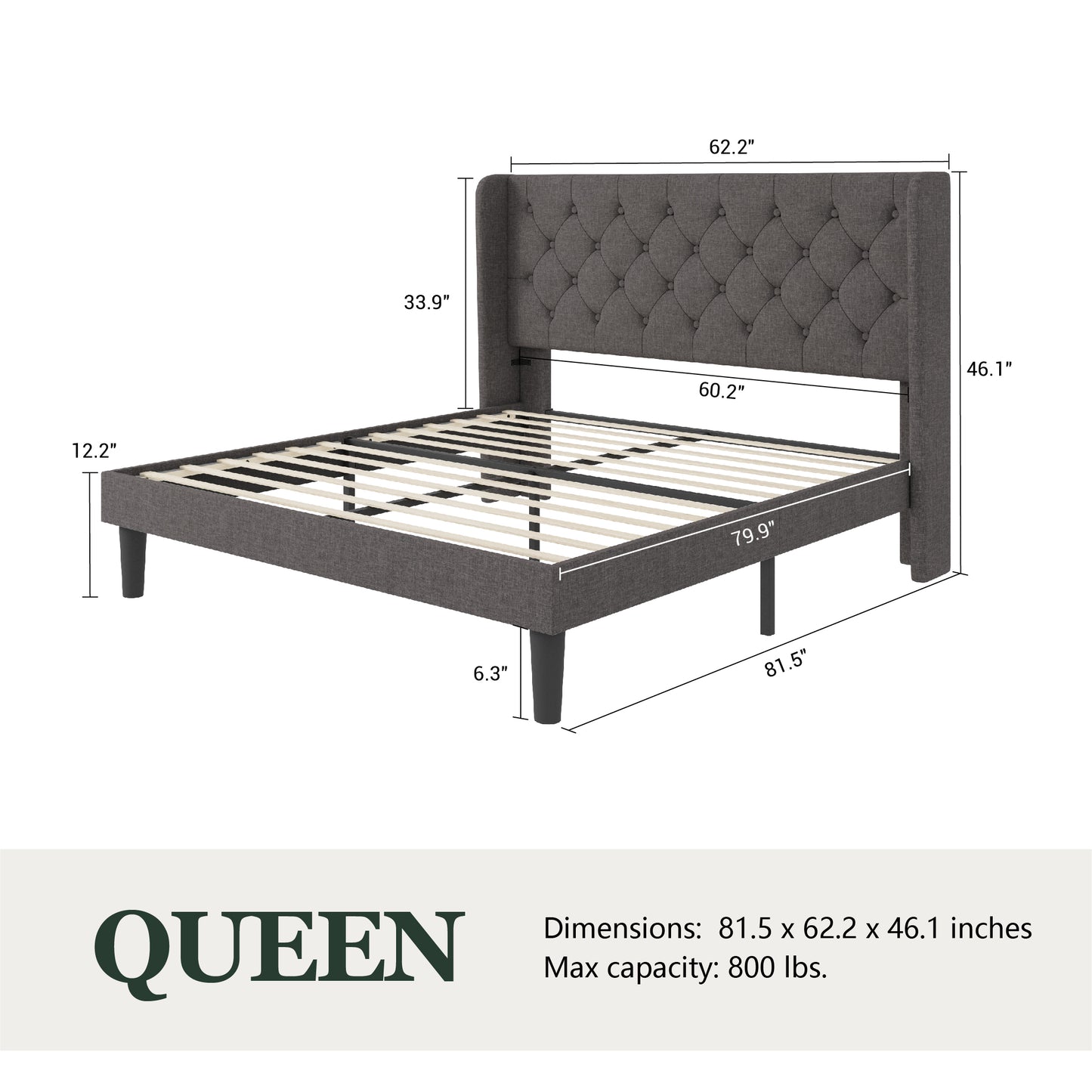 Queen Size Diamond Upholstered Platform Bed Frame with Deluxe Wing Back, Drak Gray