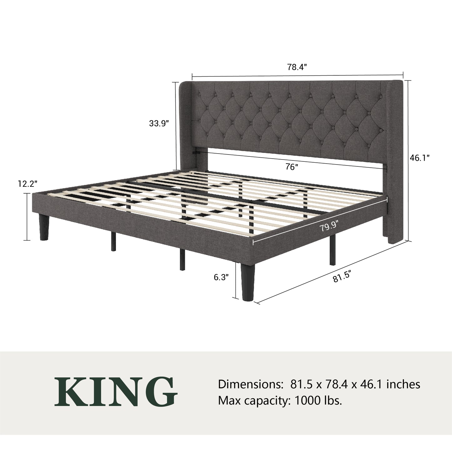 Queen Size Diamond Upholstered Platform Bed Frame with Deluxe Wing Back, Drak Gray