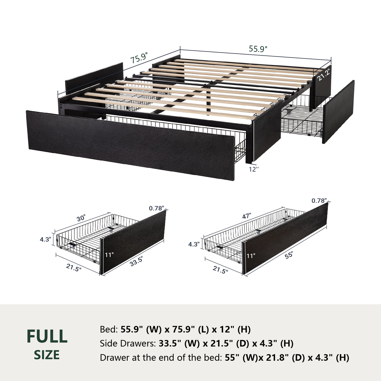 Platform Bed Frame with 3 Storage Drawers, Upholstered Wing Side Panel Design