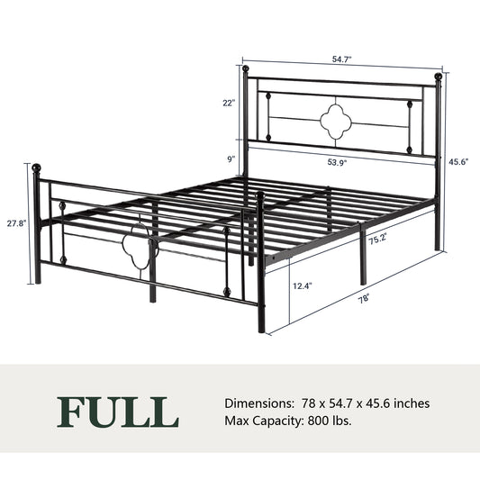 Queen Size Metal Bed Frame with Vintage Cross Pattern Headboard and Footboard, Black