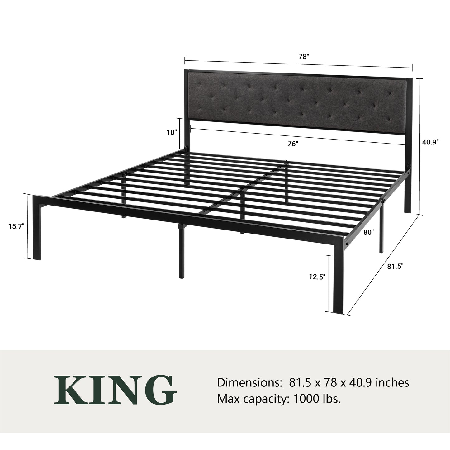Metal Bed Frame with Headboard, Strong Steel Slats Support