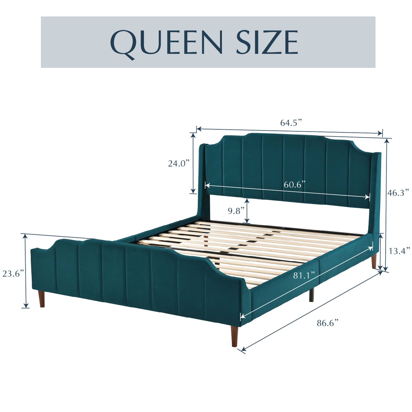 Modern Curved Wood Bed Frame with Upholstered Wingback Headboard
