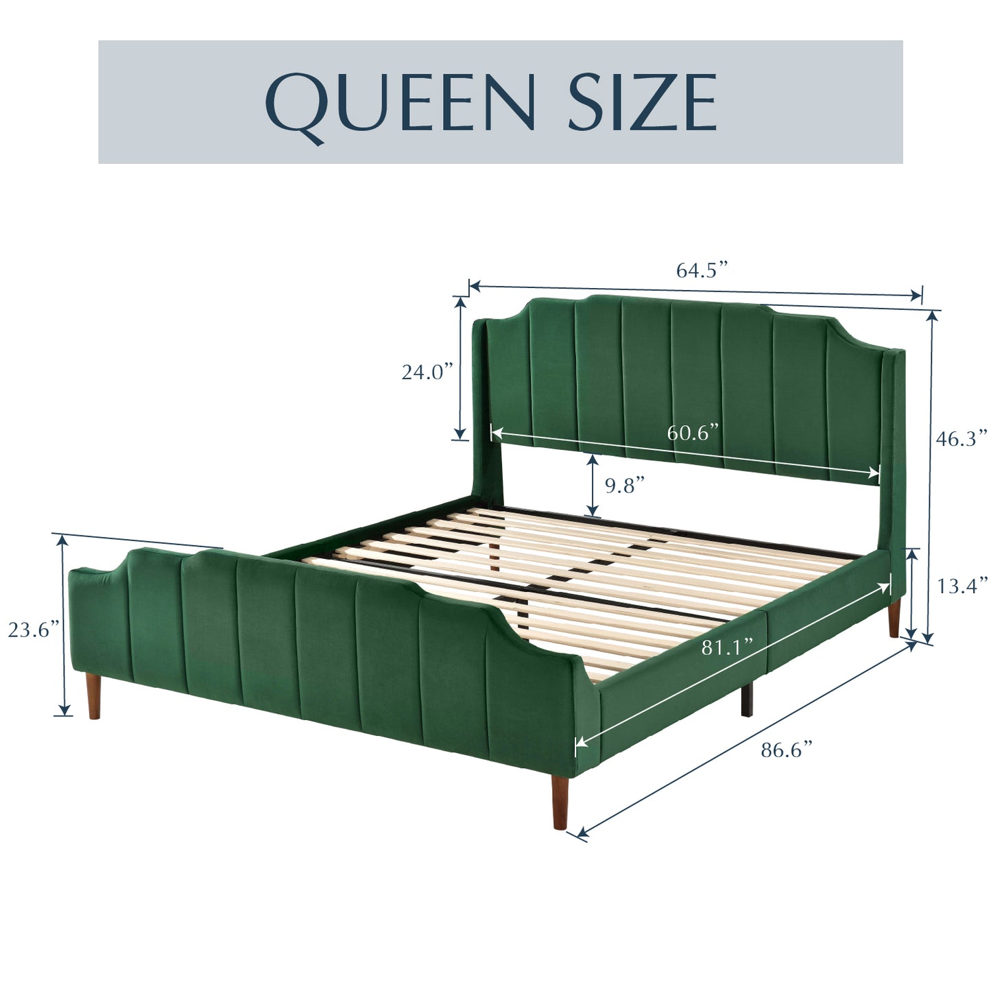 Modern Curved Wood Bed Frame with Upholstered Wingback Headboard