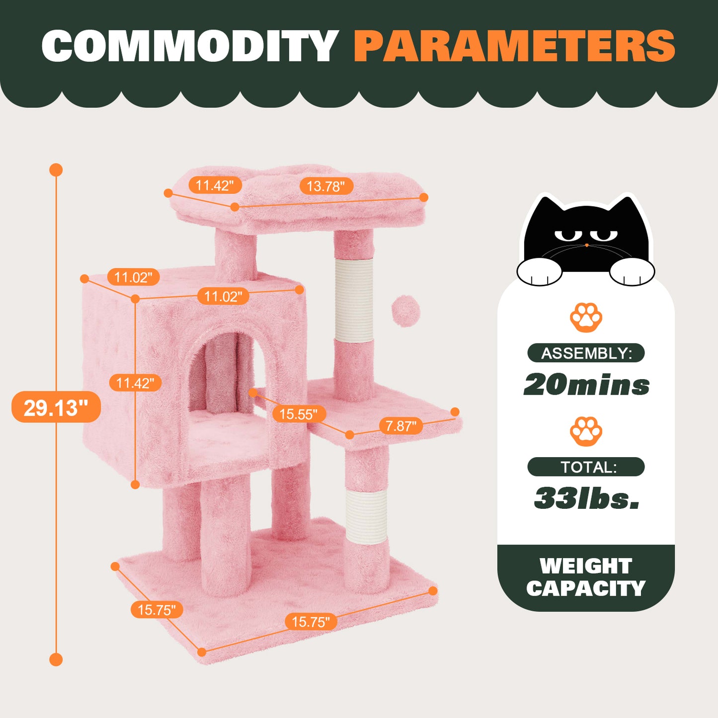 Amolife 29.1" Cat Tree Tower Condo with Large Perch Cat Scratching Posts for Indoor Cats