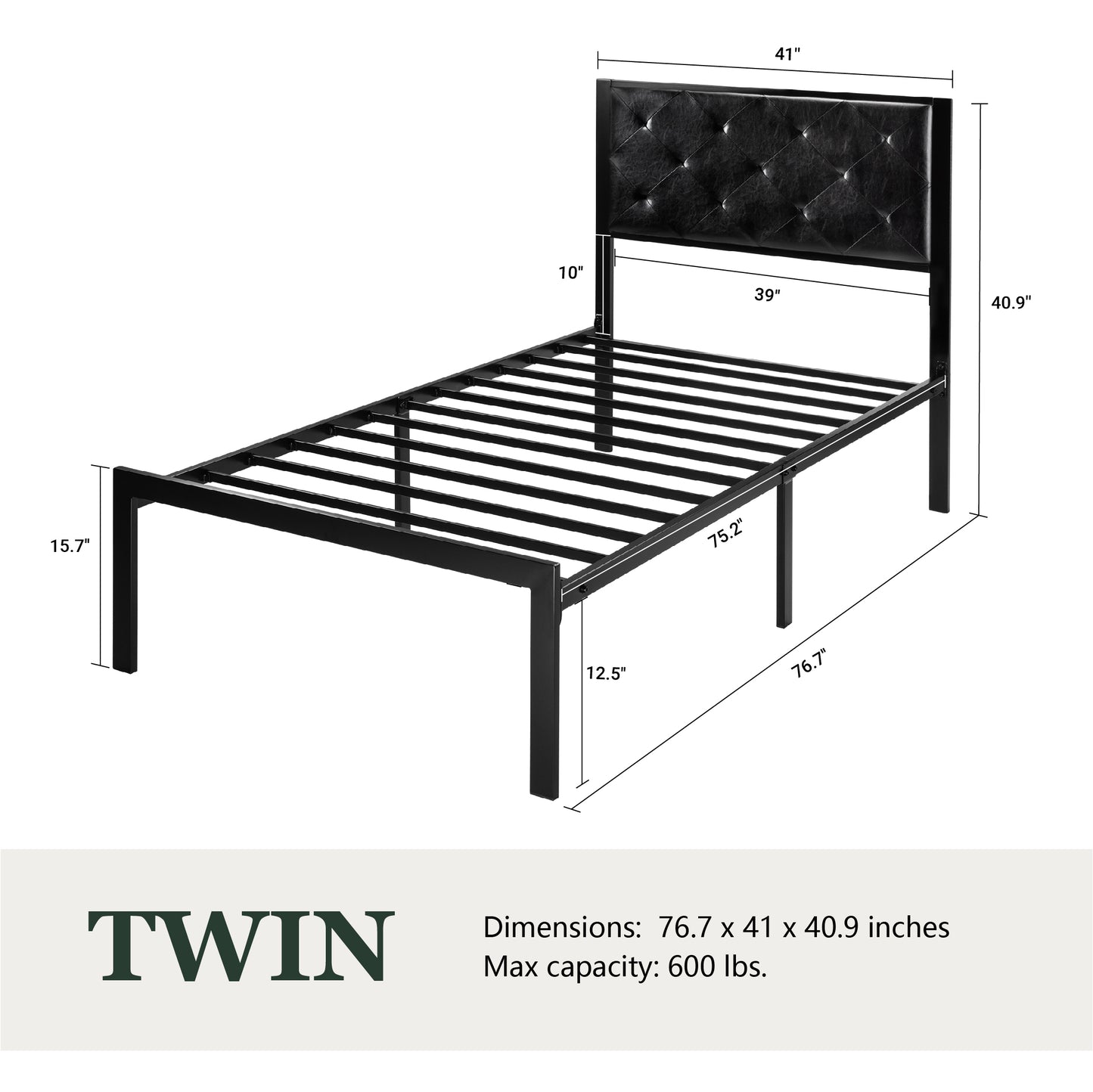 Metal Bed Frame with Headboard, Strong Steel Slats Support