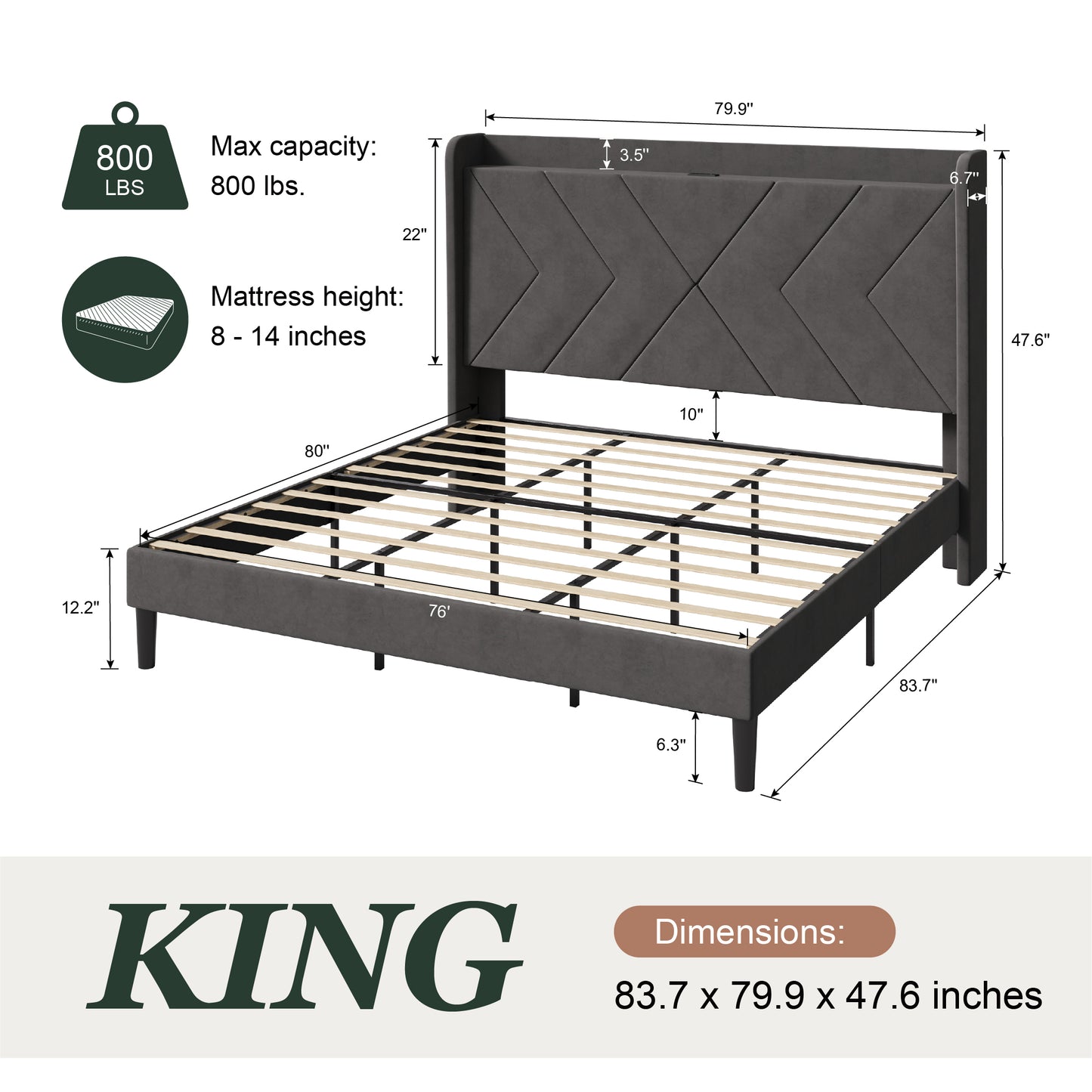 Amolife Platform Bed Frame with 4-in-1 Charging Station & Storage Shelf, Upholstered Velvet Wingback Headboard