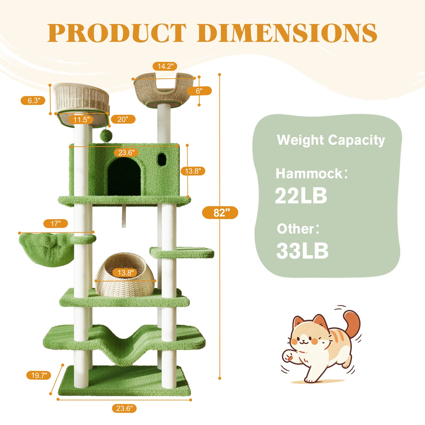 Amolife 82" Large Cat Tree Tower with Teddy Fleece Rattan Condo, Basket, Hammock and Scratching Posts for Indoor Cats and kittens, Green