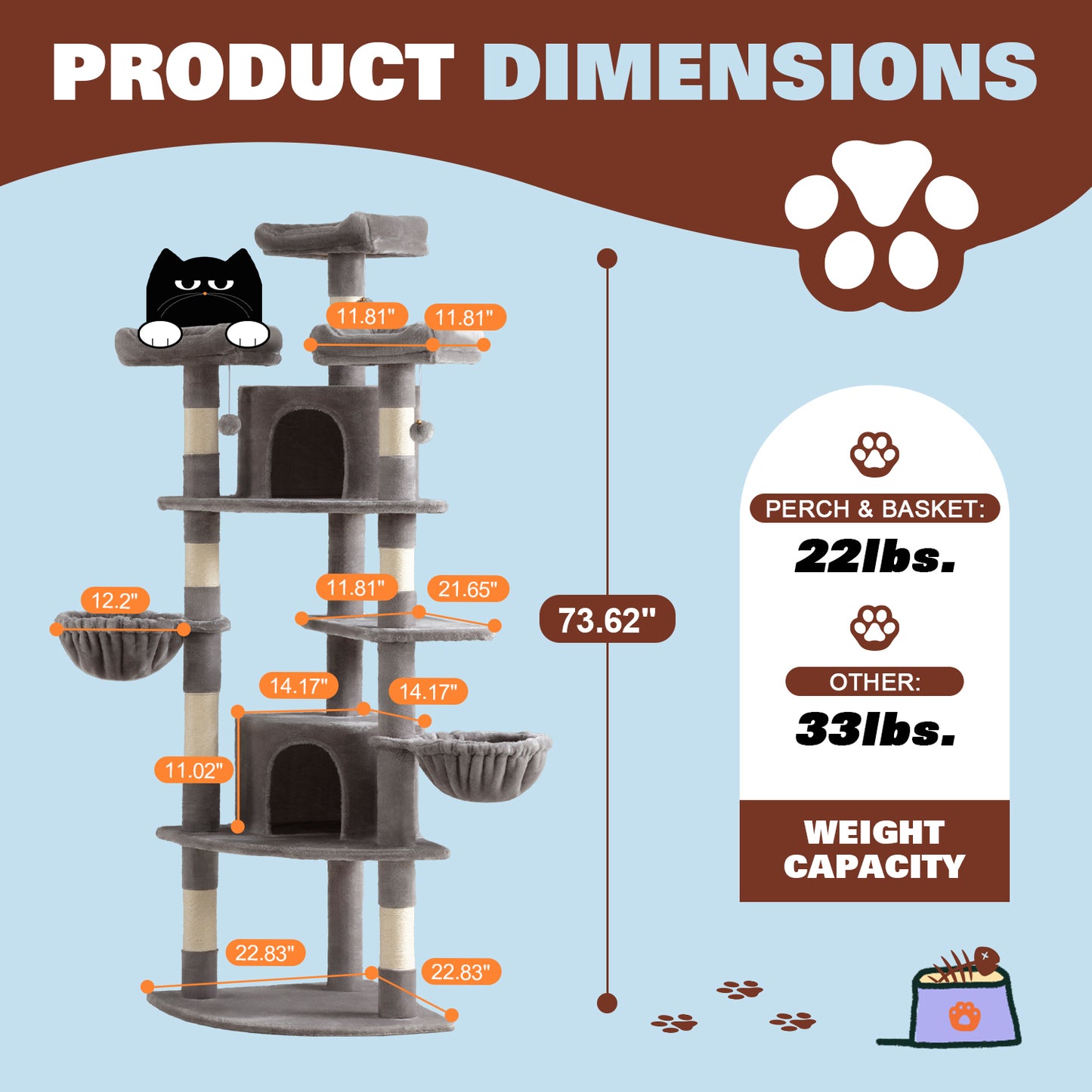 Amolife 73.6" Extra Large Corner Cat Tree, Fan-Shaped Tower with Scratching Posts & Condo House for Indoor Cats
