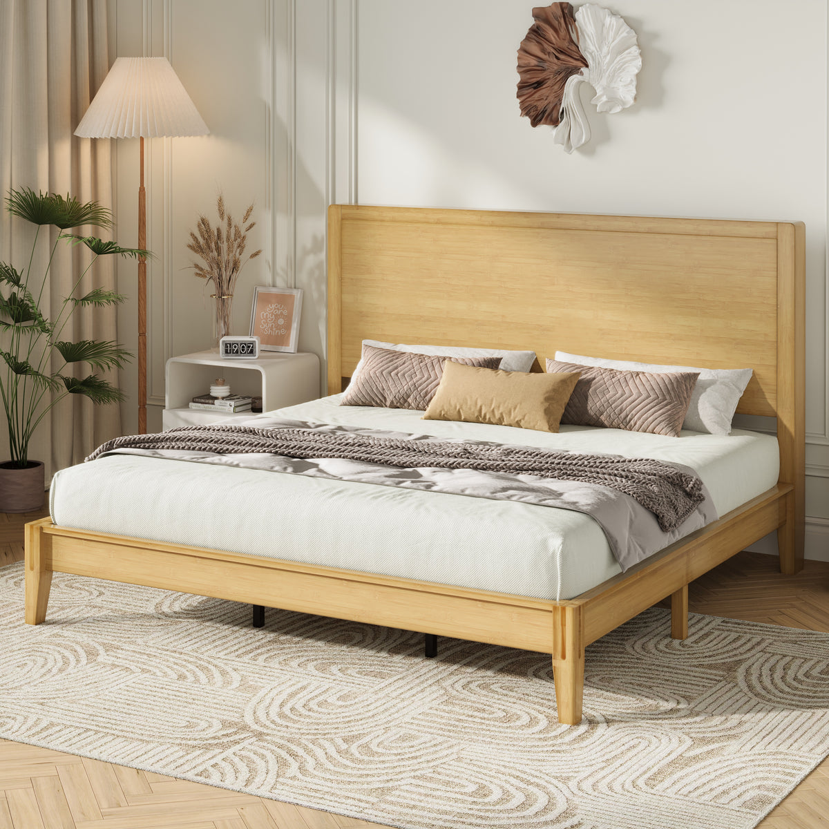 Amolife Bamboo Wood Platform Bed Frame with Upgraded Headboard and Recessed Design, Durable Structure, No Box Spring Needed