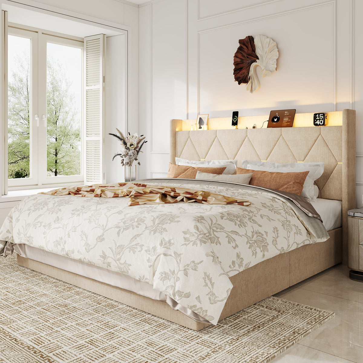 Amolife Bed Frame with Chenille Wingback Headboard, LED Lights, Charging Station & Storage Shelf, No Box Spring Required