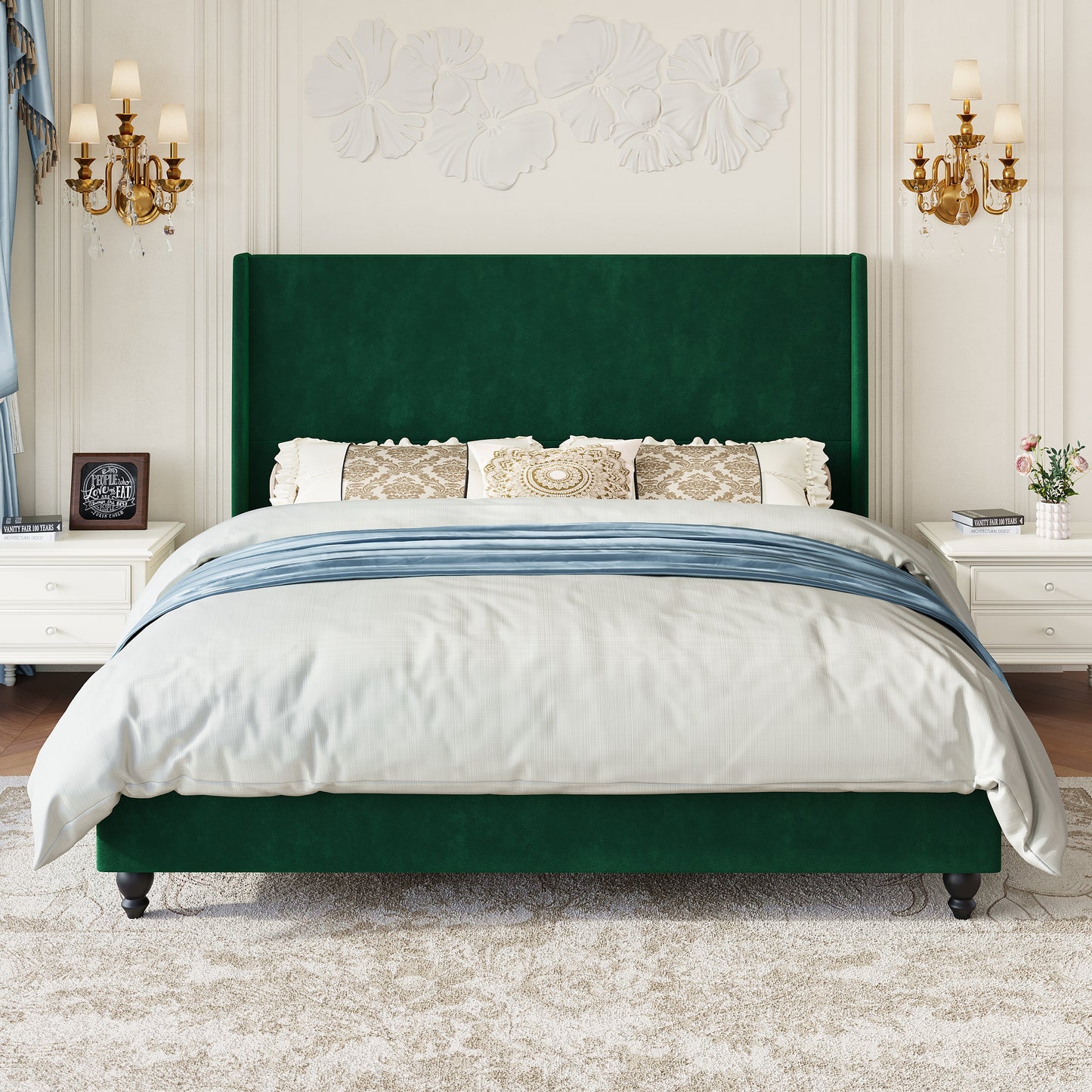 Amolife Platform Bed Frame with 51" Tall Wingback Headboard, Ultra Velvet, Heavy Duty