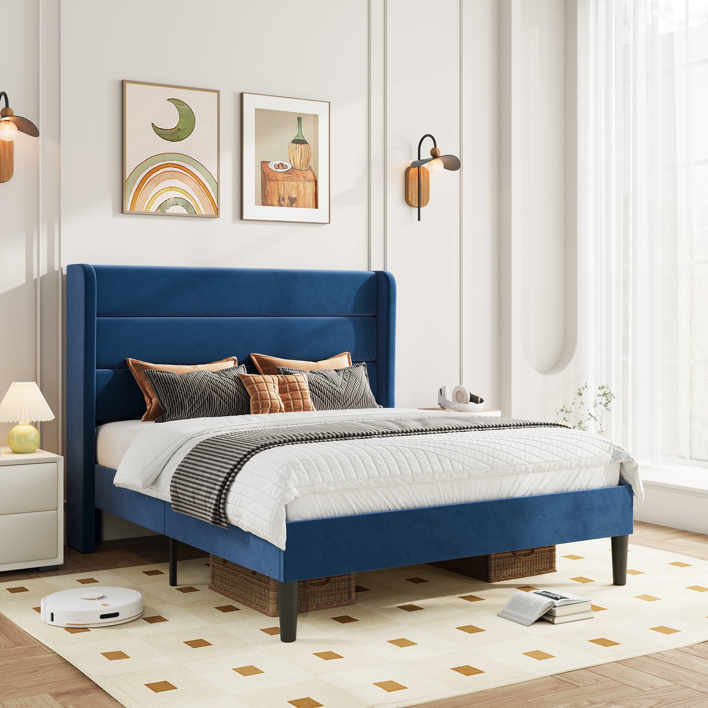 Amolife Platform Bed Frame with Velvet Upholstered Wingback Headboard