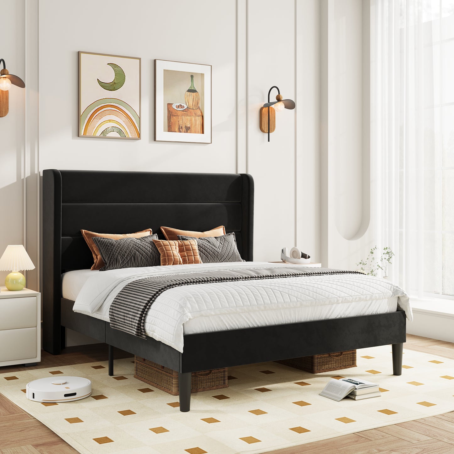 Amolife Platform Bed Frame with Velvet Upholstered Wingback Headboard