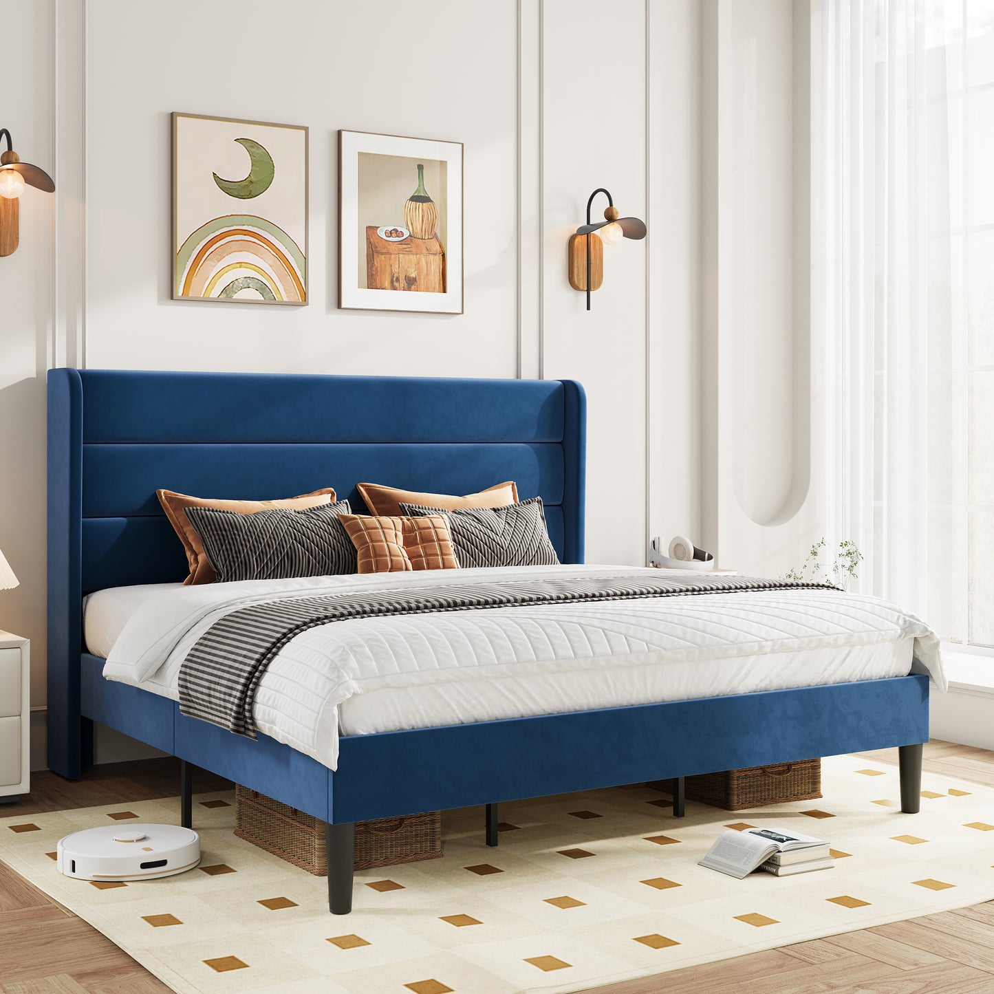 Amolife Platform Bed Frame with Velvet Upholstered Wingback Headboard