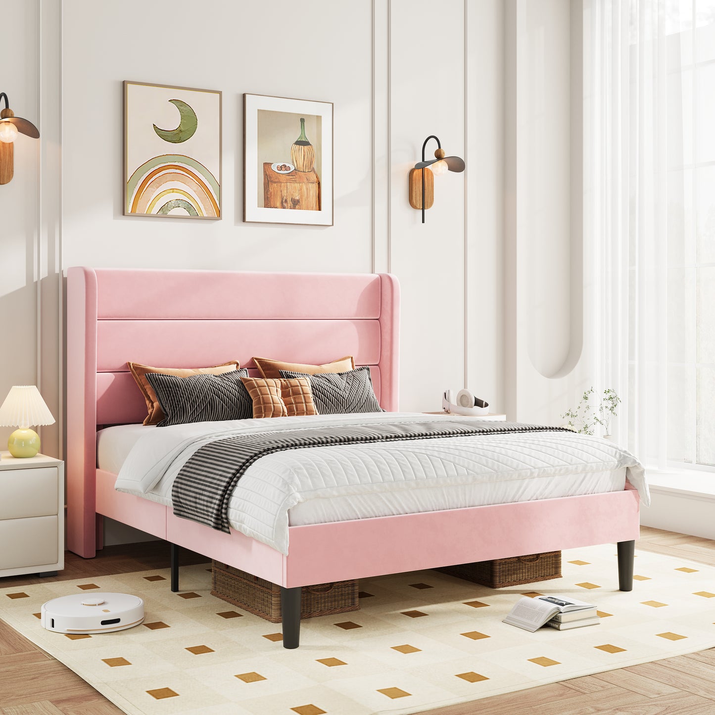 Amolife Platform Bed Frame with Velvet Upholstered Wingback Headboard