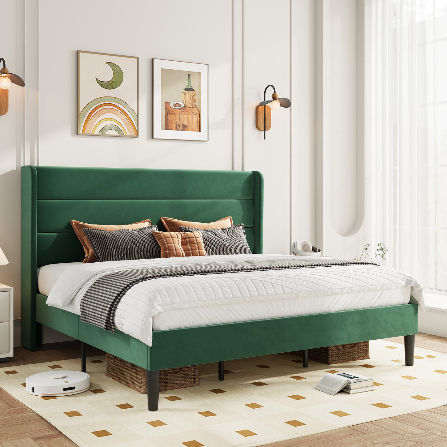 Amolife Platform Bed Frame with Velvet Upholstered Wingback Headboard