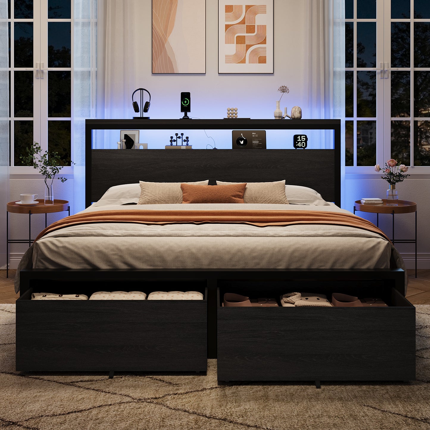 Amolife Storage Bed Frame, 2 Storage Drawers, 2-Tier Shelf Wood Headboard with Charging Station & LED Light, Black